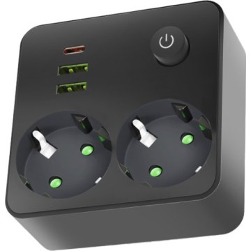 Kištukų juosta su jungikliu LINEA 2x230V + 3xUSB A/C SCHUKO juoda