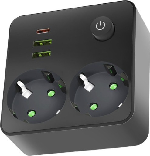 Kištukų juosta su jungikliu LINEA 2x230V + 3xUSB A/C SCHUKO juoda