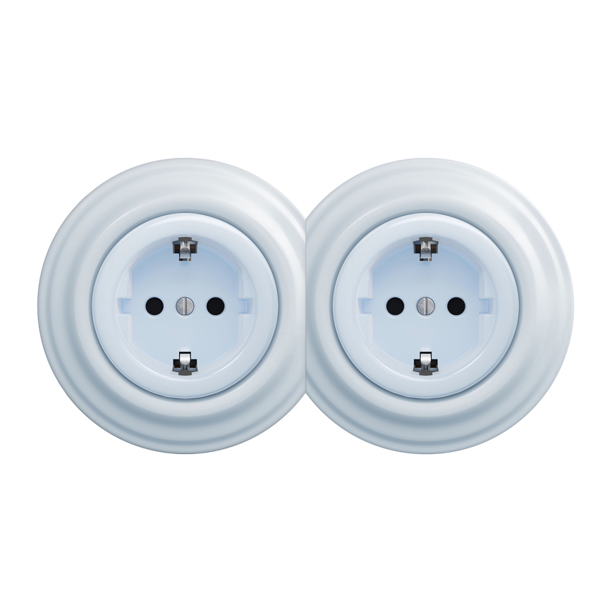 Kliklap - Dviguba retro namų rozetė su rėmeliu SCHUKO 230V mėlyna