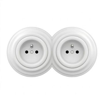 Kliklap - dviguba retro rozetė su rėmeliu, 230 V, sniego baltos spalvos