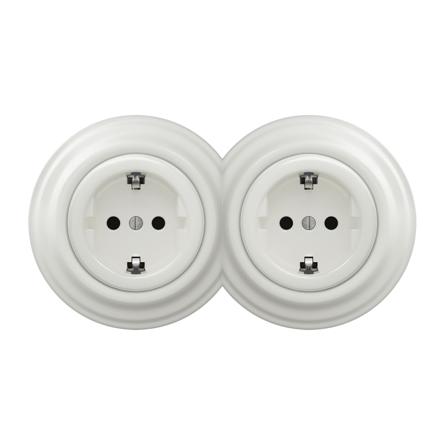 Kliklap - Dvigubas retro namų lizdas su rėmeliu SCHUKO 230V/16A baltas