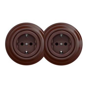 Kliklap - Dvigubas retro namų lizdas su SCHUKO rėmeliu, 230 V, rudas