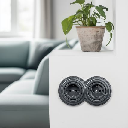 Kliklap - Dvigubas retro namų lizdas su SCHUKO rėmeliu, 230V, antracitas