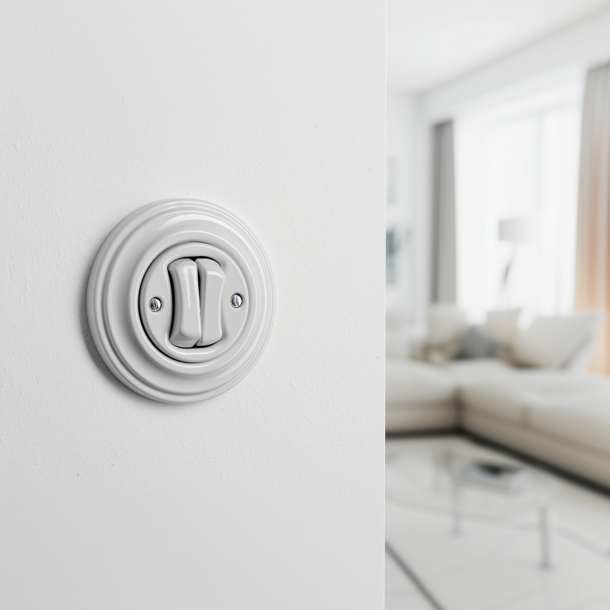 Kliklap - retro dvigubas laiptų jungiklis su rėmeliu nr. 6+6, keraminės baltos spalvos