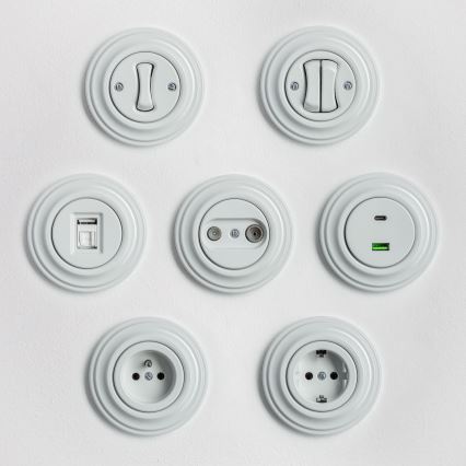 Kliklap - retro dvigubas laiptų jungiklis su rėmeliu nr. 6+6, keraminės baltos spalvos