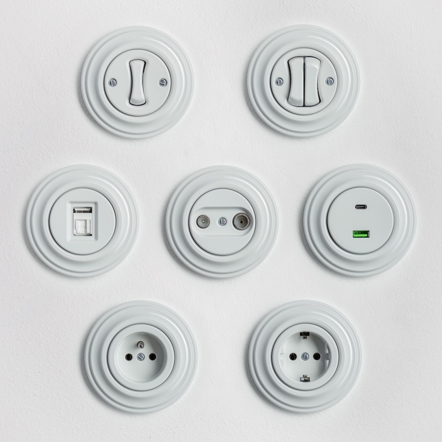 Kliklap - retro dvigubas laiptų jungiklis su rėmeliu nr. 6+6, keraminės baltos spalvos