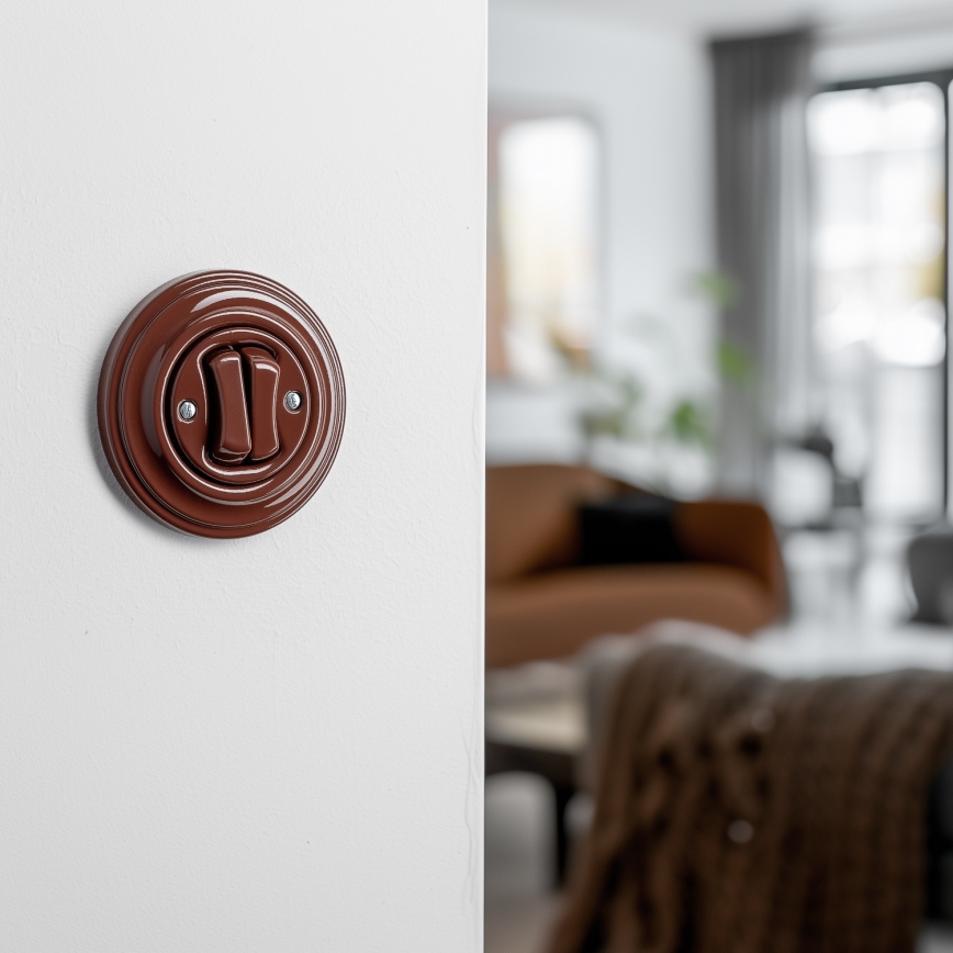 Kliklap - Retro dvigubas laiptų jungiklis su rėmeliu nr. 6+6 rudas