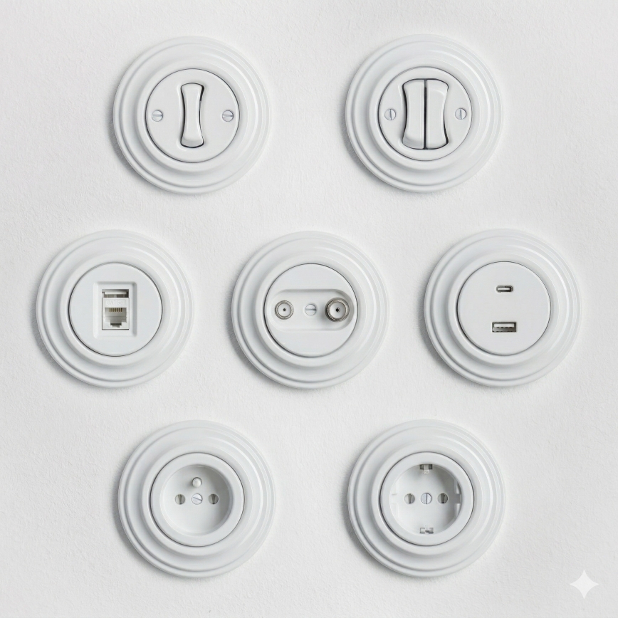 Kliklap - Retro laiptų jungiklis su rėmeliu Nr. 6, sniego baltos spalvos