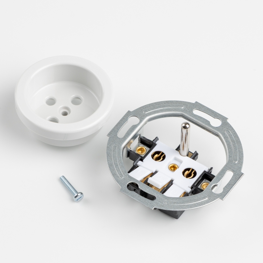 Kliklap - Retro namų elektros lizdas su rėmeliu, 230 V, keraminis, baltas