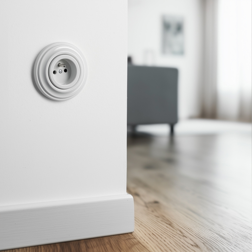 Kliklap - Retro namų elektros lizdas su rėmeliu, 230 V, keraminis, baltas