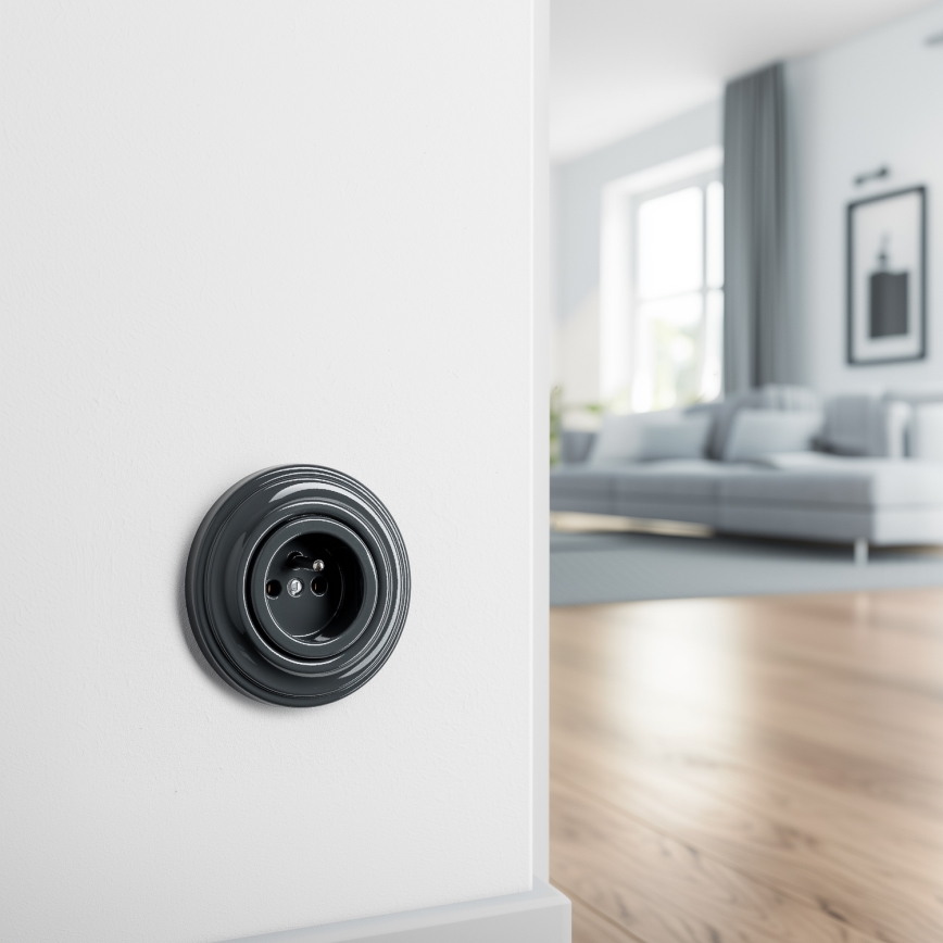 Kliklap - retro namų rozetė su rėmeliu, 230 V, antracito spalvos