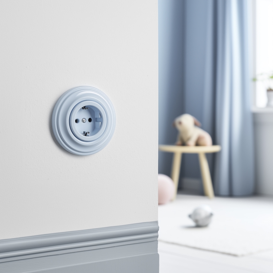 Kliklap - Retro namų sieninis lizdas su rėmeliu SCHUKO 230V/16A mėlynas