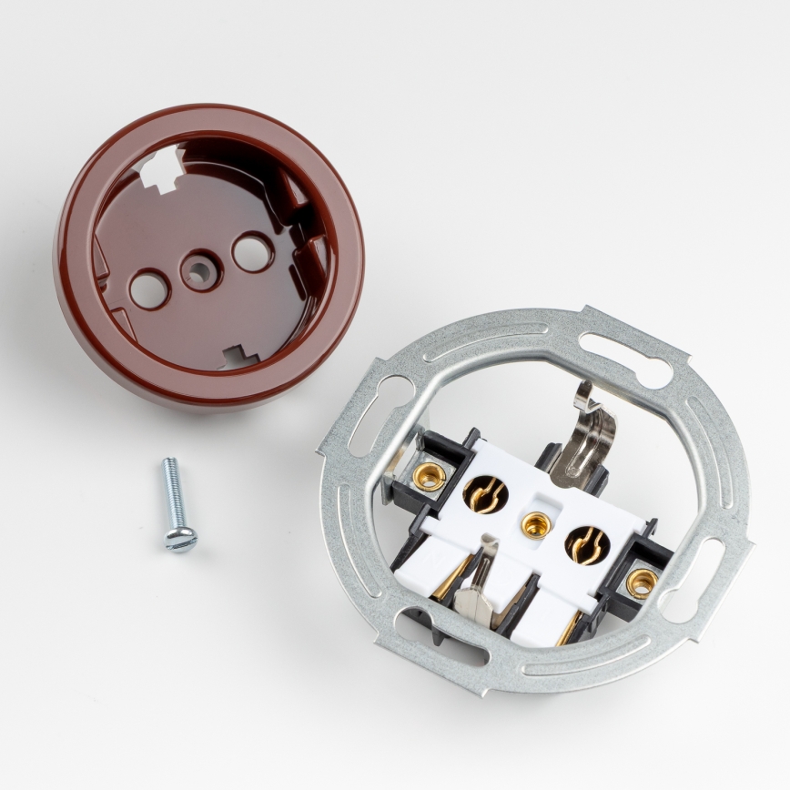 Kliklap - Retro sieninė rozetė su rėmeliu SCHUKO 230V/16A ruda