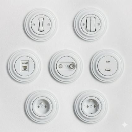 Kliklap - Retro sieninė SCHUKO rozetė su rėmeliu 230V/16A sniego balta