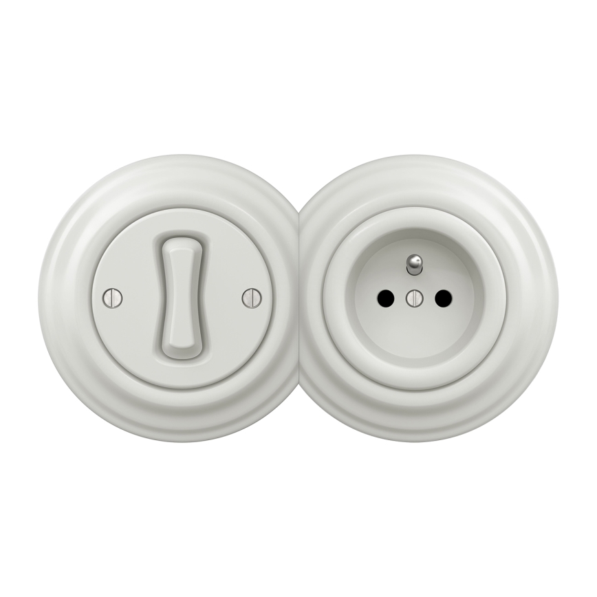 Kliklap - Retro vieno poliaus jungiklis Nr. 1 ir 230 V lizdas su rėmeliu, balta