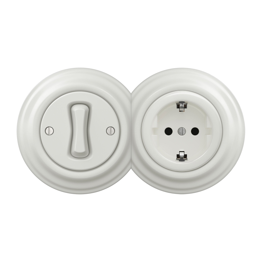 Kliklap - retro vieno poliaus jungiklis Nr. 1 ir SCHUKO 230V lizdas su rėmeliu, baltos spalvos