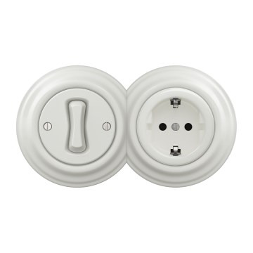 Kliklap - retro vienopolinis jungiklis Nr. 1 ir SCHUKO 230V lizdas su baltu rėmeliu