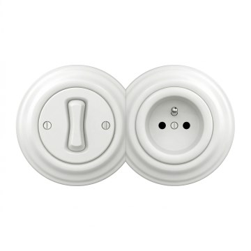Kliklap - Retro vienpolinis jungiklis Nr. 1 ir 230V lizdas su sniego baltumo rėmeliu