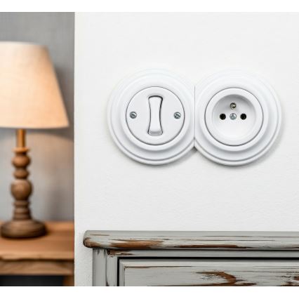Kliklap - Retro vienpolinis jungiklis Nr. 1 ir 230V lizdas su sniego baltumo rėmeliu