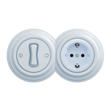 Kliklap - Retro vienpolinis jungiklis Nr. 1 ir SCHUKO 230 V lizdas su mėlynu rėmeliu