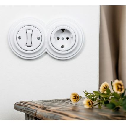 Kliklap - Retro vienpolinis jungiklis Nr. 1 ir SCHUKO 230V rozetė su sniego baltumo rėmeliu