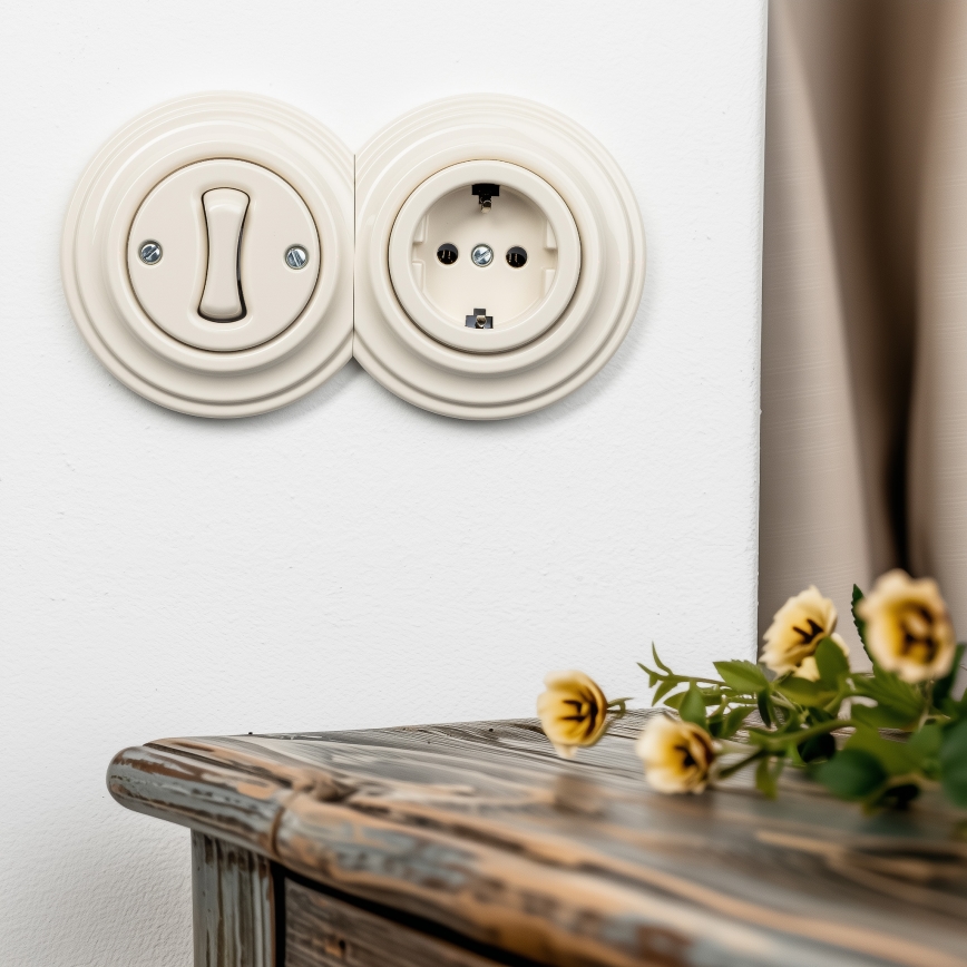 Kliklap - Retro vienpolio jungiklis nr. 1 ir SCHUKO 230 V lizdas su smėlio spalvos rėmeliu