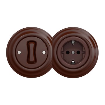 Kliklap - retro vienpolis jungiklis Nr. 1 ir SCHUKO 230V lizdas su rėmeliu, rudos spalvos