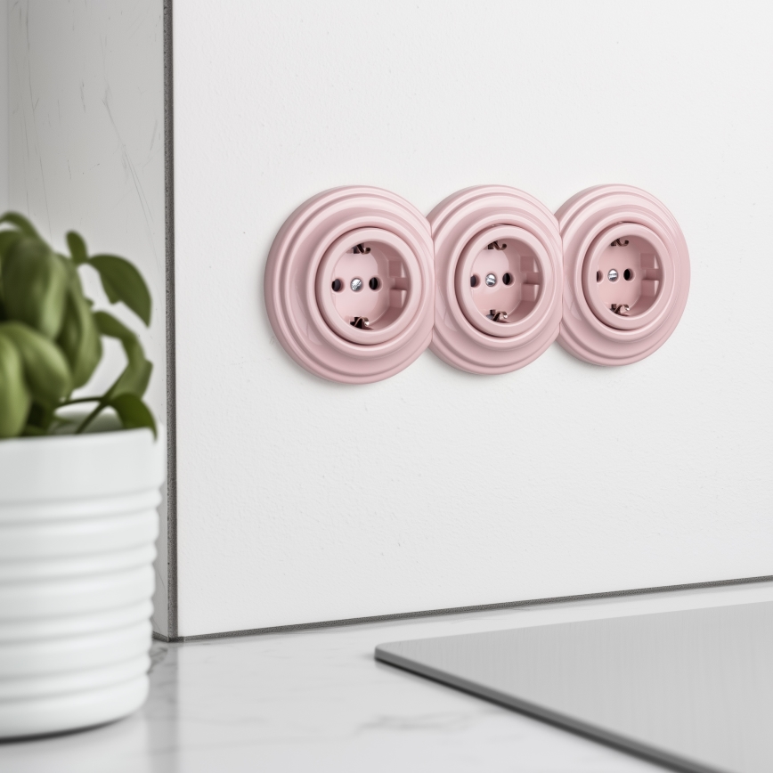 Kliklap - Triguba retro rozetė namams su SCHUKO rėmeliu 230V vintažinė rožinė