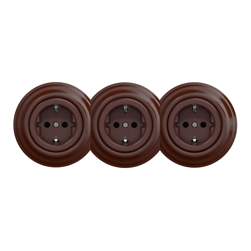 Kliklap - Triguba retro sieninė rozetė namams su SCHUKO rėmeliu 230V ruda