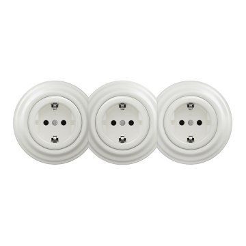 Kliklap - Trigubas retro namų lizdas su rėmeliu SCHUKO 230V, keraminis, baltas