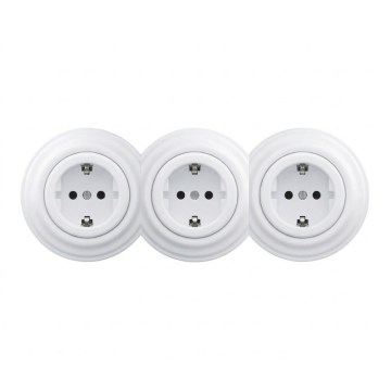 Kliklap - trigubas retro namų SCHUKO lizdas su rėmeliu, 230 V, sniego baltumo