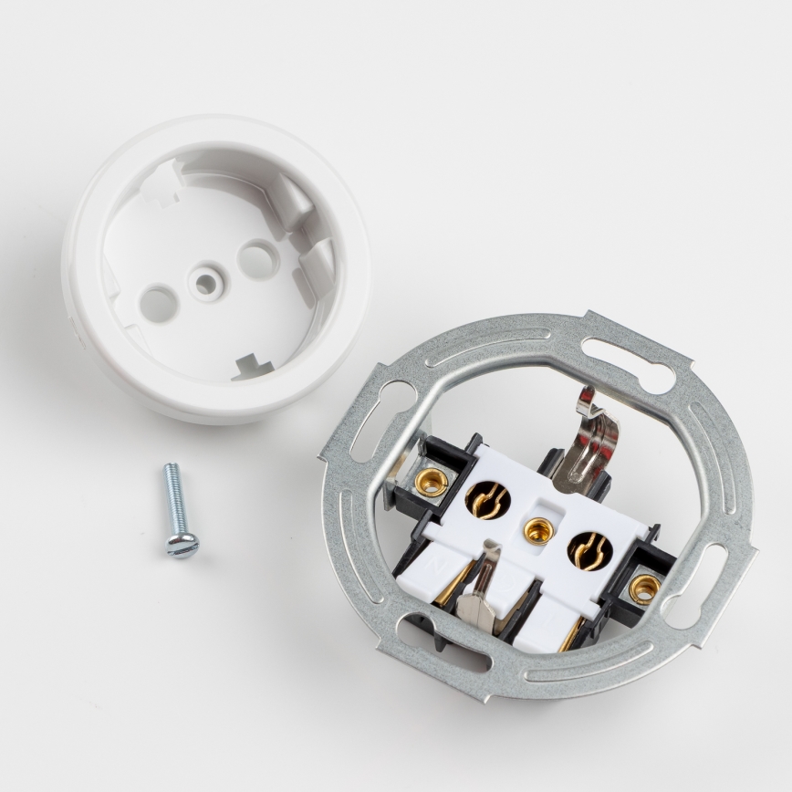 Kliklap - trigubas retro namų SCHUKO lizdas su rėmeliu, 230 V, sniego baltumo