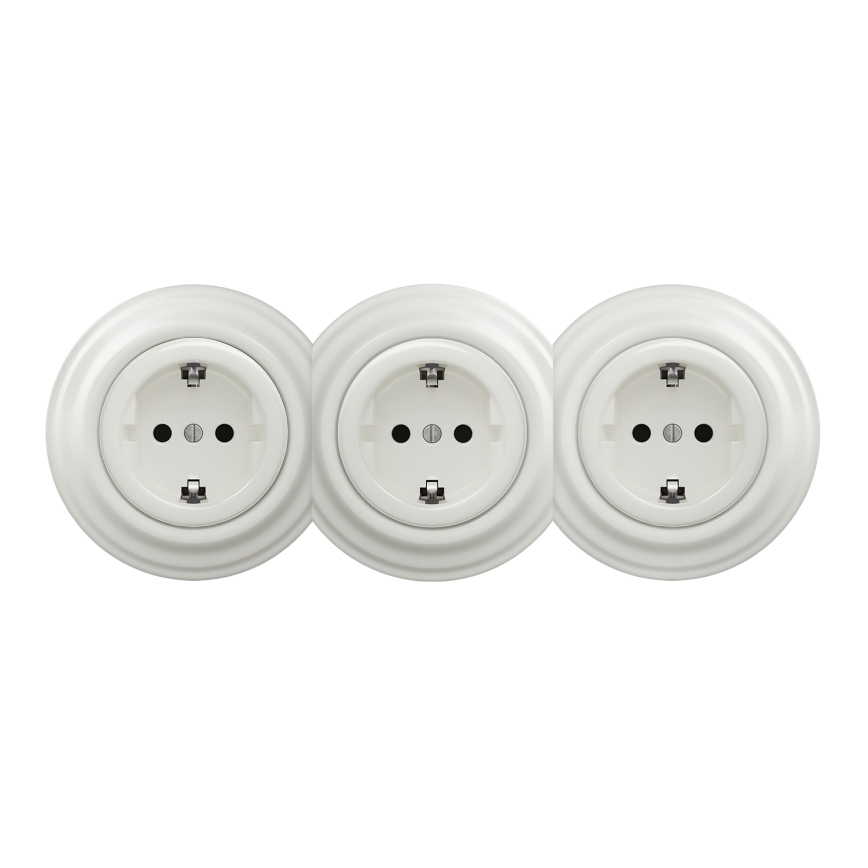 Kliklap - trigubas retro namų SCHUKO lizdas su rėmeliu 230V baltas