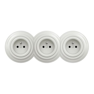 Kliklap - Trigubas retro namų sieninis lizdas su rėmeliu, 230 V, keraminis, baltas