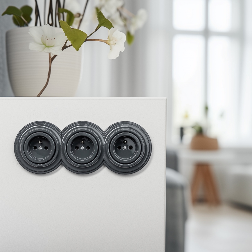 Kliklap - Trigubas retro sieninis elektros lizdas su rėmeliu, 230 V, antracito spalvos