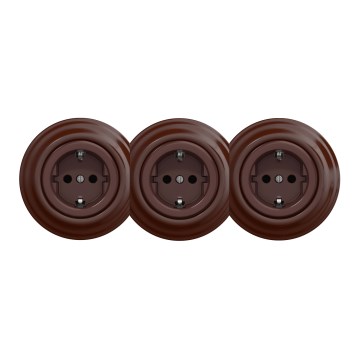 Kliklap - Trigubas retro sieninis lizdas namams su rėmeliu SCHUKO 230V rudas