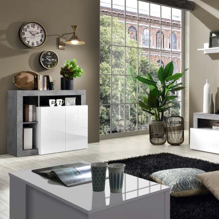 Komoda LENOR balta/pilka, betono efektas