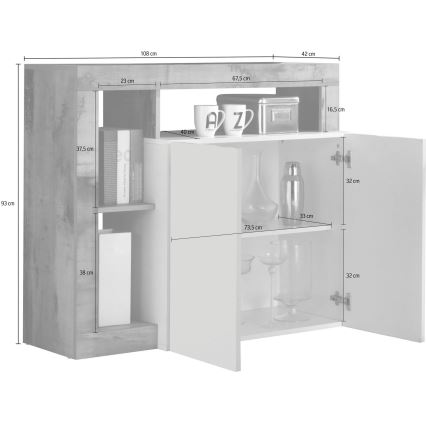 Komoda LENOR balta/pilka, betono efektas