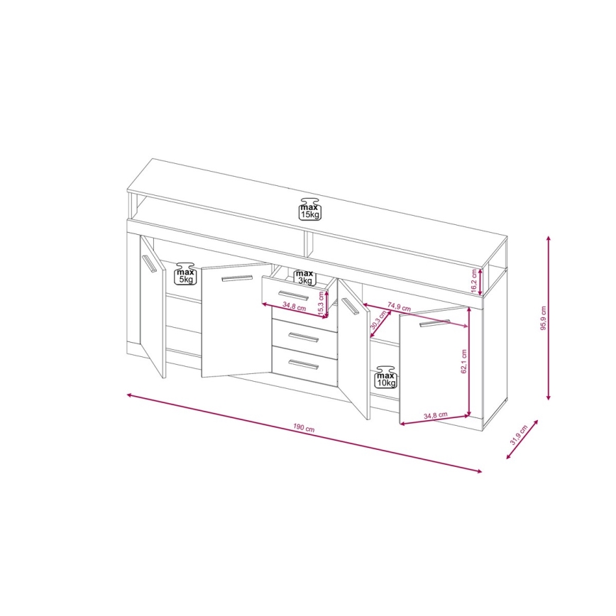Komoda RUNA, Sonoma ąžuolas/balta