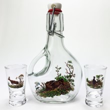 KOMPLEKTAS  1x Didelis butelis + 2x stikliukas šotams permatoma su miško žvėrių motyvu