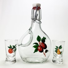 KOMPLEKTAS  1x Didelis butelis + 2x stikliukas šotams permatoma su vaisiaus motyvu