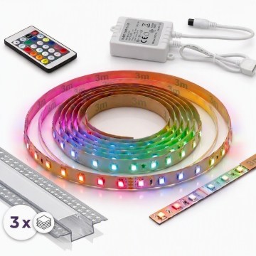 Komplektas: 1x dimeriu reguliuojama LED RGBW juosta DIGITAL LED/9,6W/230V 3 m + 3x įleidžiamas profilis 1 m (sidabrinis/baltas) + nuotolinio valdymo pultas