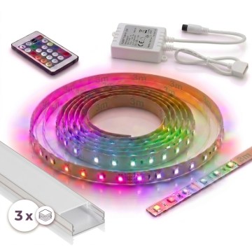 Komplektas: 1x dimeriuojama LED RGBW juosta DIGITAL LED/9,6W/230V 3 m + 3x įleidžiamasis profilis 1 m sidabrinė/balta + nuotolinio valdymo pultelis
