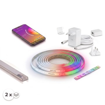 Komplektas 1x dimeriuojama LED RGBW juosta Philips Hue WHITE AND COLOR AMBIANCE LED/20W/230V 2 m + 2x įleidžiamas profilis 1 m sidabrinė/balta