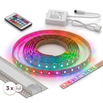 Komplektas 1x reguliuojama RGBW LED juosta DIGITAL LED/9,6W/230V 3 m + 3x įleidžiamas profilis 1 m sidabrinis/baltas + nuotolinis pultelis