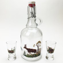 KOMPLEKTAS 1x stiklas butelis ir 2x stikliukas šotams permatoma su gyvūnų motyvais