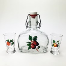 KOMPLEKTAS 1x stiklas butelis ir 2x stikliukas šotams permatoma su vaisiaus motyvu