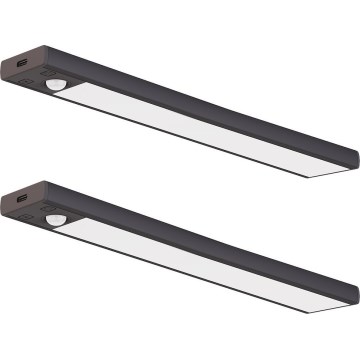 Komplektas 2 vnt. įkraunami LED baldų šviestuvai su judesio ir sutemos jutikliais VIRO LED/1,2W/3,7V 800 mAh 3000/4000/6500K 30 cm juodi