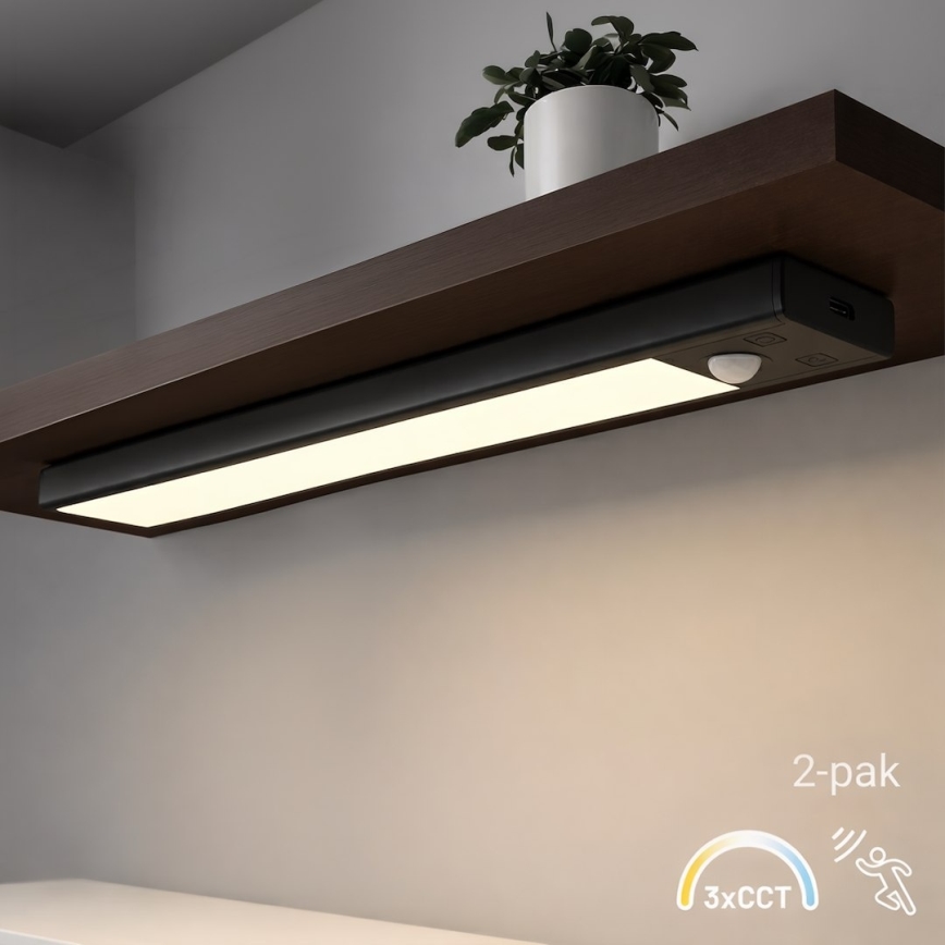 Rinkinys 2 vnt. įkraunami LED baldų šviestuvai su judesio ir prieblandos jutikliu VIRO LED/1,2W/3,7V 800 mAh 3000/4000/6500K 30 cm juodi