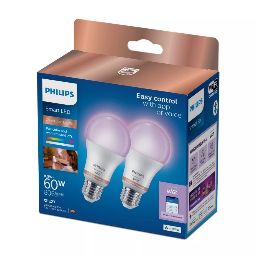 Komplektas 2 vnt. LED RGB dimeriuojama lemputė Philips SMART A60 E27/8,5W/230V 2200-6500K